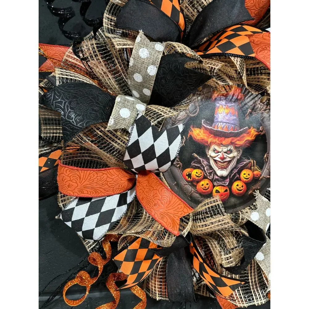 Halloween Wreath For Front Door Scary Clown Orange and Black Handmade 28 in